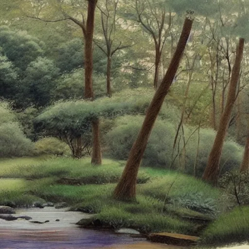 Prompt: A painting of a beautiful scene of nature. The colors are very soft and muted, and the overall effect is one of serenity and peace. The composition is well balanced, and the brushwork is delicate and precise. 1990s by Kim Jung Gi rendering