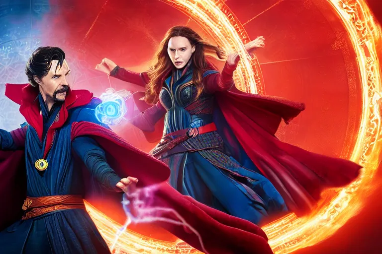 Image similar to Action sequence still of Doctor Strange and Scarlet Witch on the battlefield, fighting, Trending on artstation, photorealistic image, photorealistic imagery, 4k, 8k, movie still, action still