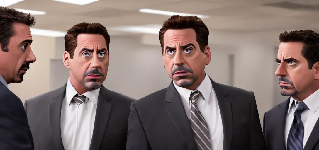 Image similar to a very high resolution image of tony stark and micheal scott. from an episode of the office. photorealistic, photography