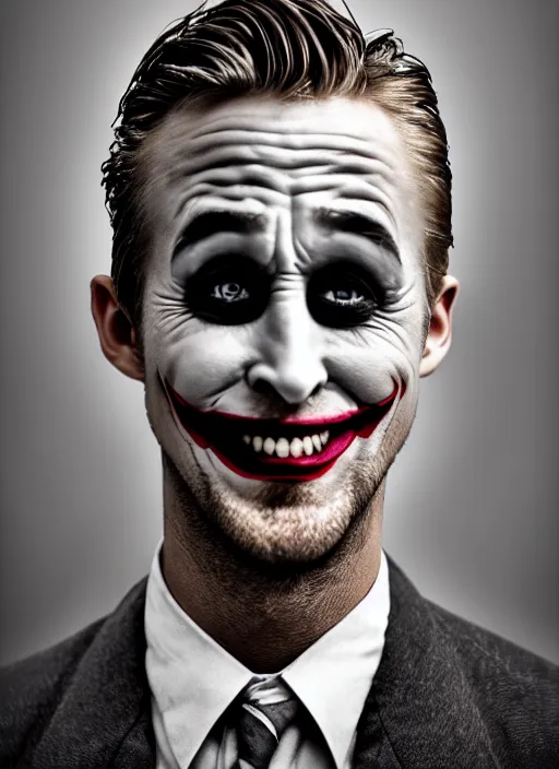 Image similar to photo of Ryan Gosling as the Joker by Lee Jeffries and Eolo Perfido, big smile, head shot, detailed, award winning, Sony a7R