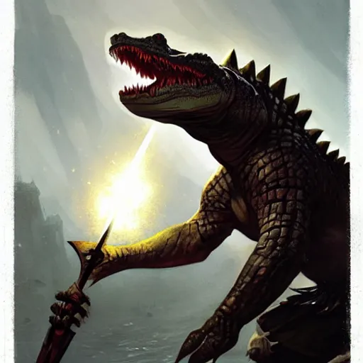 Image similar to a crocodile warrior holds a morning star and a shield, by greg rutkowski, magic the gathering,