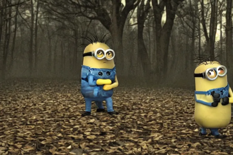 Image similar to a still of a minion in blair - witch project ( 1 9 9 9 ), real life, cinematic, detailed, move still, vhs, ultra realistic face, accurate, 8 k, hd