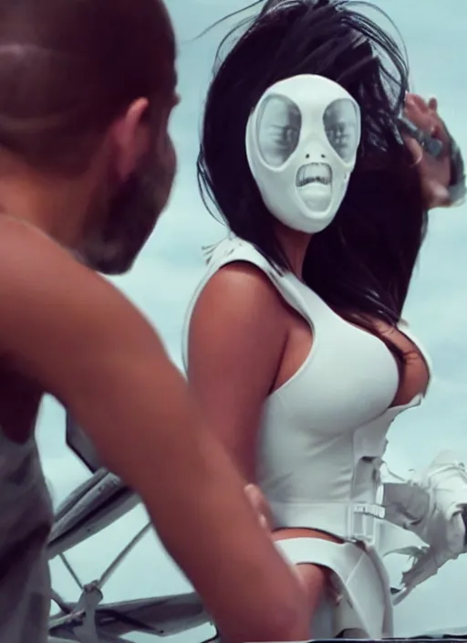 Prompt: photo still full pov of a kim kardashian with a alien facehugger over her face, cinematic full shot.