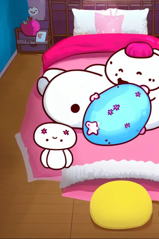 Prompt: molang and piu piu in bed