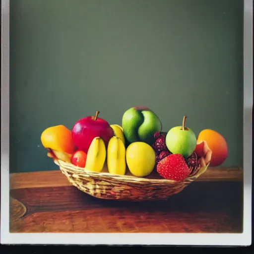 Prompt: a fruit basket on top of a kitchen table, Polaroid