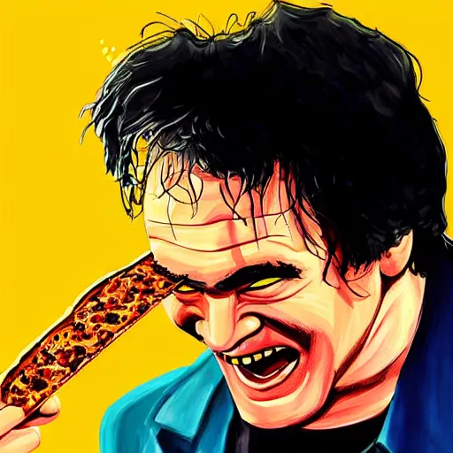 Prompt: pulp portrait colorful of quentin tarantino eating a slice of pizza, illustration, artstation