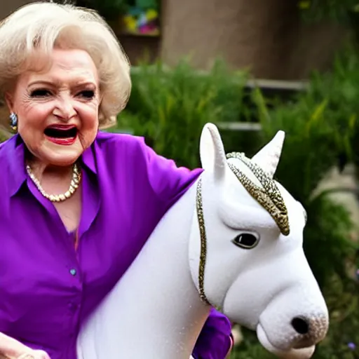 Prompt: betty white riding a unicorn