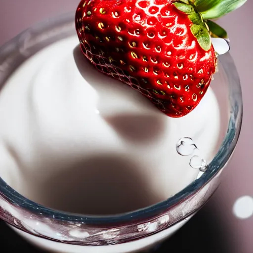 Image similar to a close up photo of milk pouring over a strawberry, macro, highly detailed,