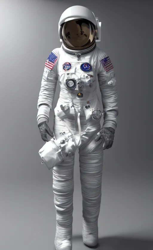 Image similar to astronaut wearing a dress by alexander mcqueen, catwalk, soft ambient lighting, photorealism, unreal engine