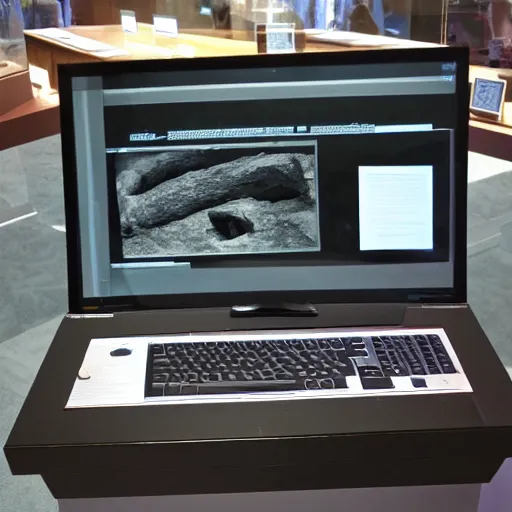 Image similar to Museum exhibit photo of a computer from the paleolithic era, uncovered by archaeologists