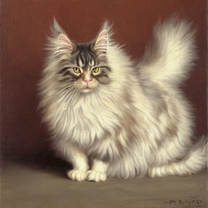 Image similar to A realistic renaissance oil painting of a Maine Coon cat, bi-colored with white and ginger fur, pale yellow eyes, portrait