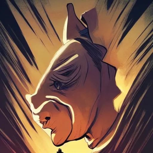 Image similar to portrait of an angry man with rhino nose, wide shot, highly coherent, saga comic, fiona staples