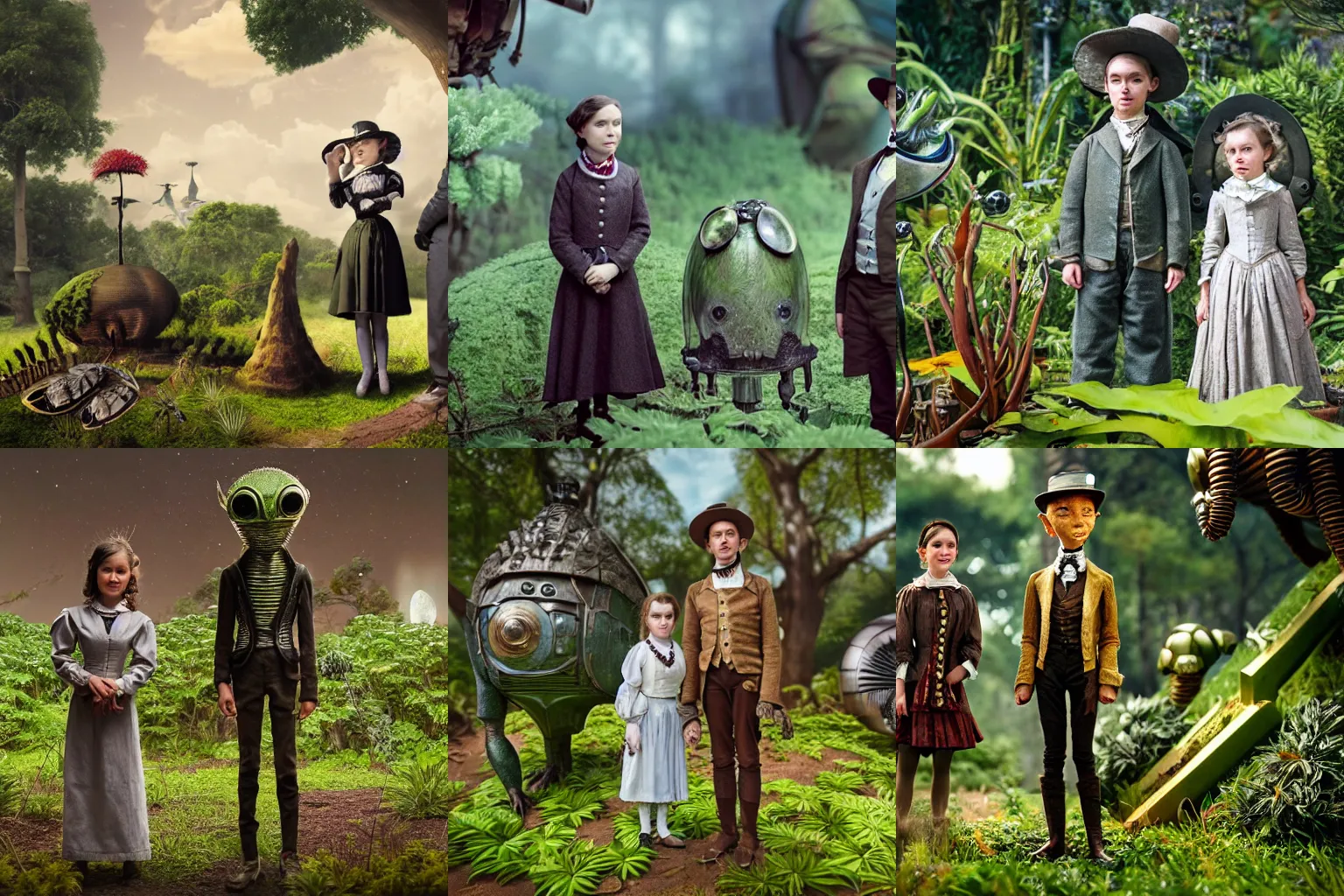 Image similar to detailed, sharp, a girl and a boy standing next to some alien plants, looking happy, wearing 1850s era clothes, their small pet alien creature is standing nearby, in a park on an alien planet, steampunk, extremely highly detailed, hyperrealistic, still from a period sci fi movie, 8k, HD, good lighting