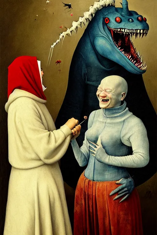 Prompt: hieronymus bosch, greg rutkowski, anna podedworna, painting of a small fat blue godzilla laughing at a red haired vampire in a white woollen turtleneck dress