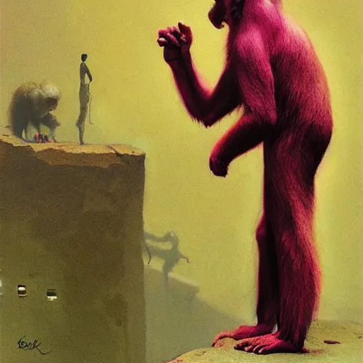 Image similar to monk fight monkey with pink gloves, retro 5 0 s style, art by beksinski and stalenhag