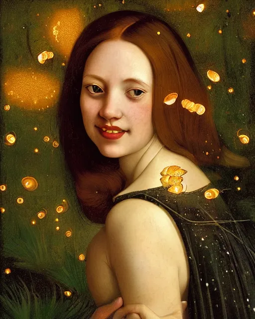 Prompt: a happy a young woman, among the lights of golden fireflies and nature, wearing a wonderful dress, long loose red hair, intricate details, green eyes, freckles on the nose, round gentle smiling face, golden ratio, high contrast, hyper realistic digital art by artemisia lomi gentileschi and caravaggio and artgerm.