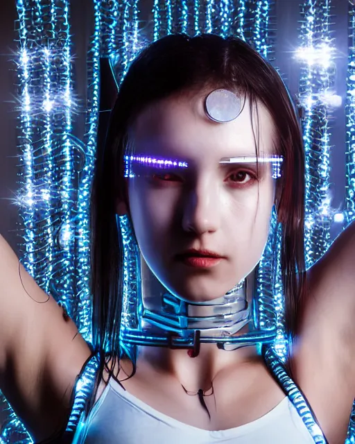 Prompt: portrait photo of female dancer as a cyberpunk mecha humanoid robotic head shoulder parts with straight bright led lights, under a shower, photorealistic and detailed, 8 k