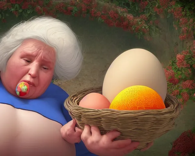 Image similar to of a very beautiful scene. ambient occlusion render. a sweet fat old woman is nursing a beautiful colorful huge egg. hyper realistic. 4 k. wide angle. baroque style. wild. symmetrical face, red mouth, blue eyes. deep focus, lovely scene. ambient occlusion render. concept art. unreal engine.