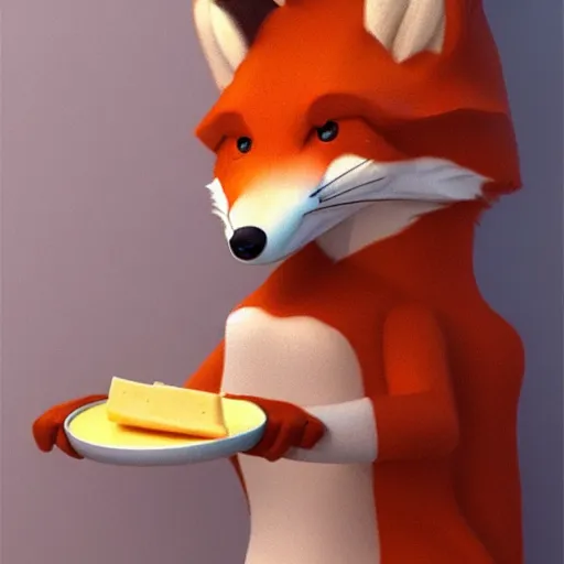 Prompt: A Detailed Award Winning Masterpiece trending on artstation of an Anthropomorphic fox eating some cheese, 8k