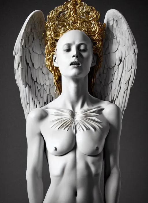 Image similar to a statue made of white marble with gold veins, of an beautiful gorgeous angel girl, full body shot, perfect symmetrical body, perfect symmetrical face, no eyes, hyper realistic, hyper detailed, fujicolor superia 1 6 0 0 photo, by johannen voss, by peter kemp, by monia merlo, by michelangelo octane render, blender, 8 k