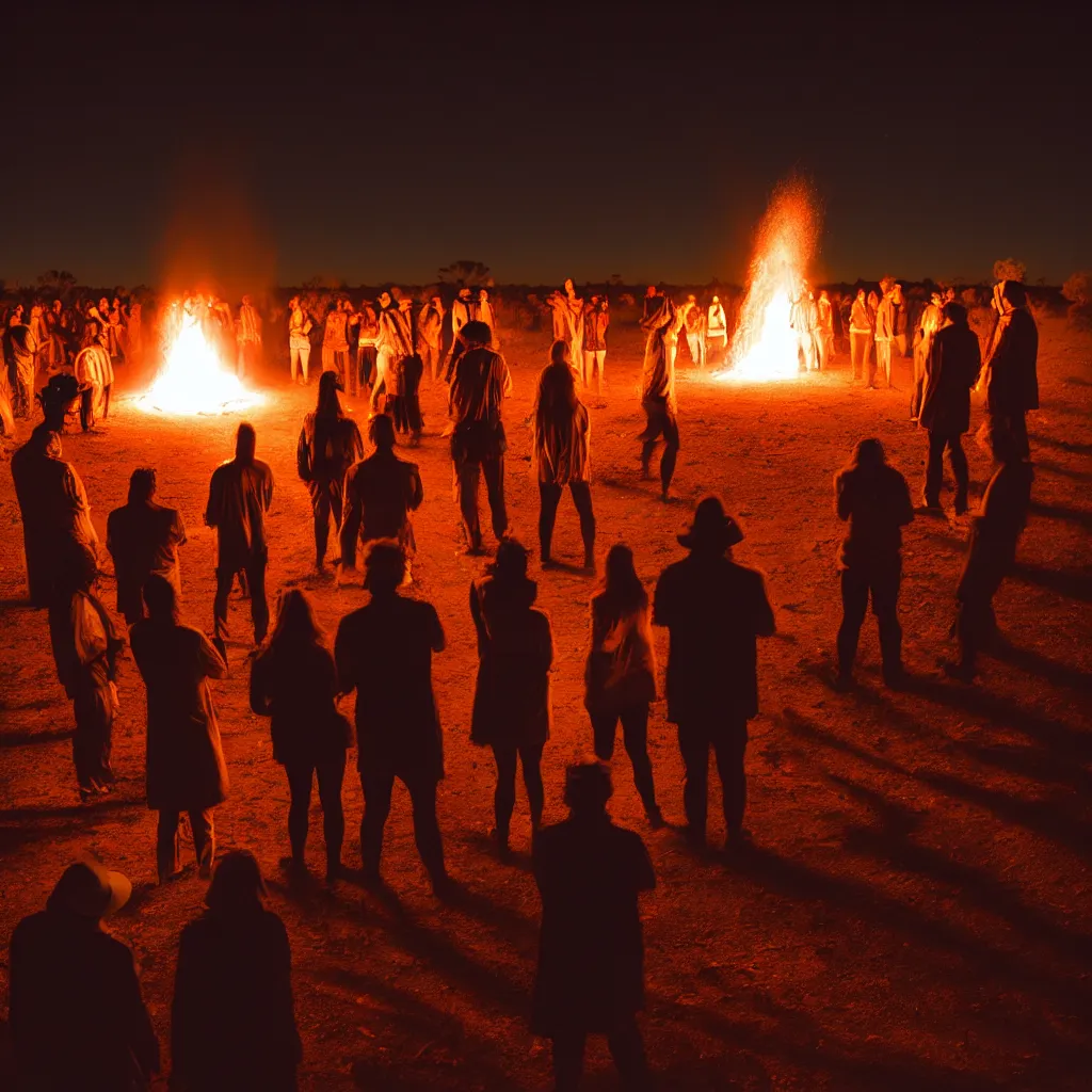 Prompt: atmospheric long exposure night photograph of three ravers, two men, one woman, woman is in a trenchcoat, blessing the soil at night, seen from behind, people facing fire circle, two aboriginal elders, dancefloor kismet, diverse costumes, clean composition, desert transition area, bonfire, atmospheric night, australian desert, symmetry, sony a 7 r