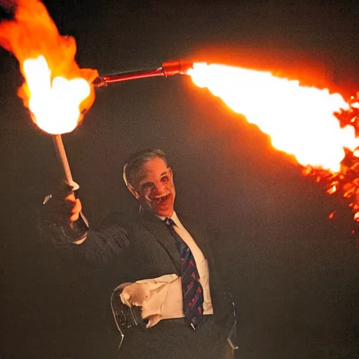 Image similar to photo of Jerome Powell with whiteface clown makeup using a flamethrower projecting a long flame, highly-detailed