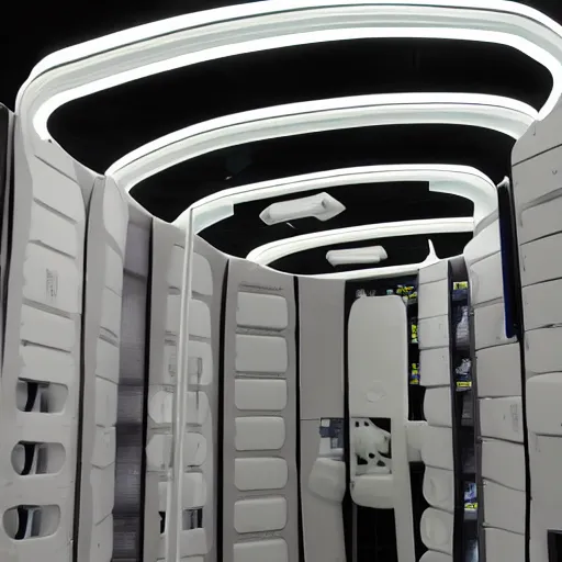 Image similar to cybernetic pods, individual healing pods, humans sleeping, elaborate, highly detailed, dim lighting