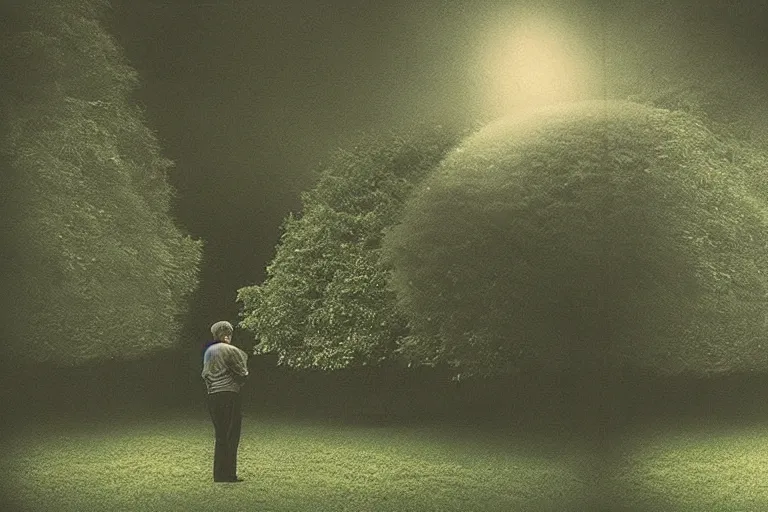 Prompt: “Photo by Robert ParkeHarrison. Close-up of a serious old man in a garden full of levitating trees. The dark sky is torn open like a paper and bright light shines through it. Dark. Cinematic lighting. Old grainy photo.”