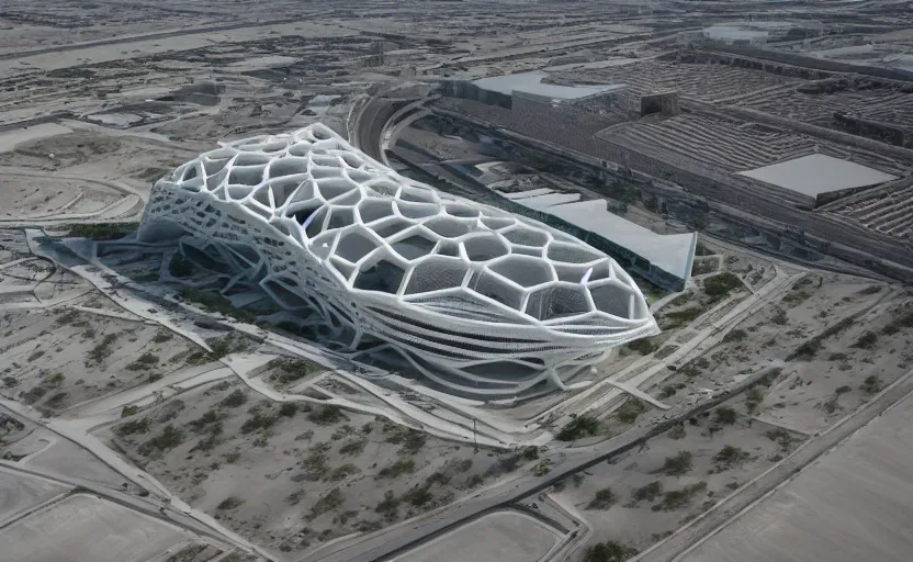 Prompt: parametric structure, medical complex, in the desert beside the gulf, view from above, design by oma, dezeen, architectural photography