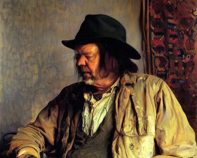 Prompt: portrait of neil young, painting by richard schmid, john singer sargent, alphonse mucha, rembrandt