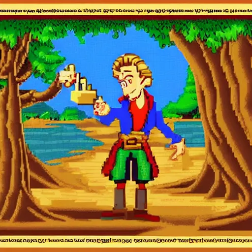 Image similar to Guybrush Threepwood discovers the secret of Monkey Island. High resolution Pixel art.