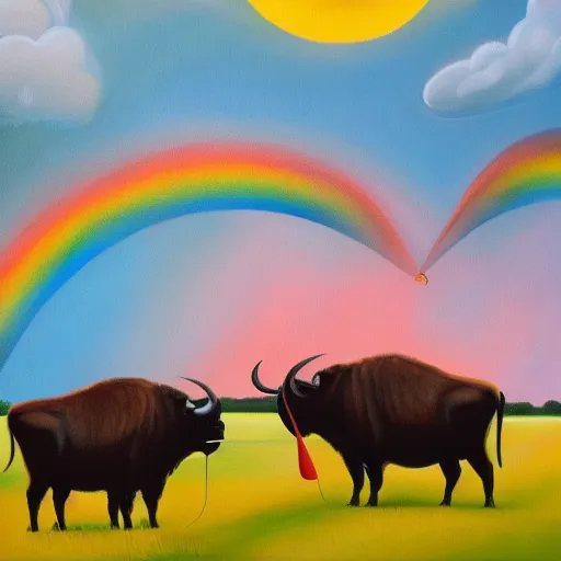 Image similar to buffalos grazing a field of umbrellas with a waterfall and a rainbow in the background, oil on canvas