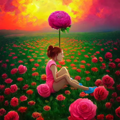 Image similar to giant rose flower head, girl sitting in a flower field, surreal photography, sunrise, dramatic light, impressionist painting, colorful clouds, digital painting, artstation, simon stalenhag