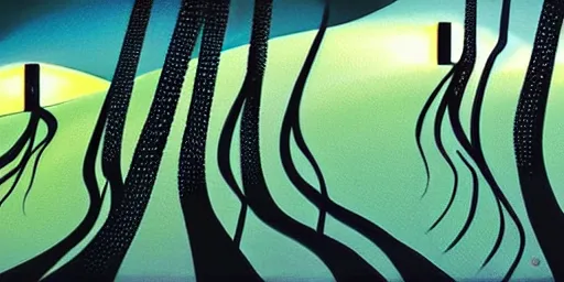 Image similar to twisted night landscape, magical realism, storybook realism, fantasy, by eyvind earle
