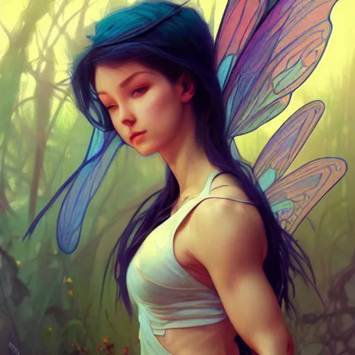 Prompt: beautiful natural fairy small winged redhead martial artist karate fey muscular body shortsword, vivid colors, intricate, elegant, highly detailed, digital painting, artstation, concept art, smooth, sharp focus, illustration, art by artgerm and greg rutkowski and alphonse mucha and loish and wlop