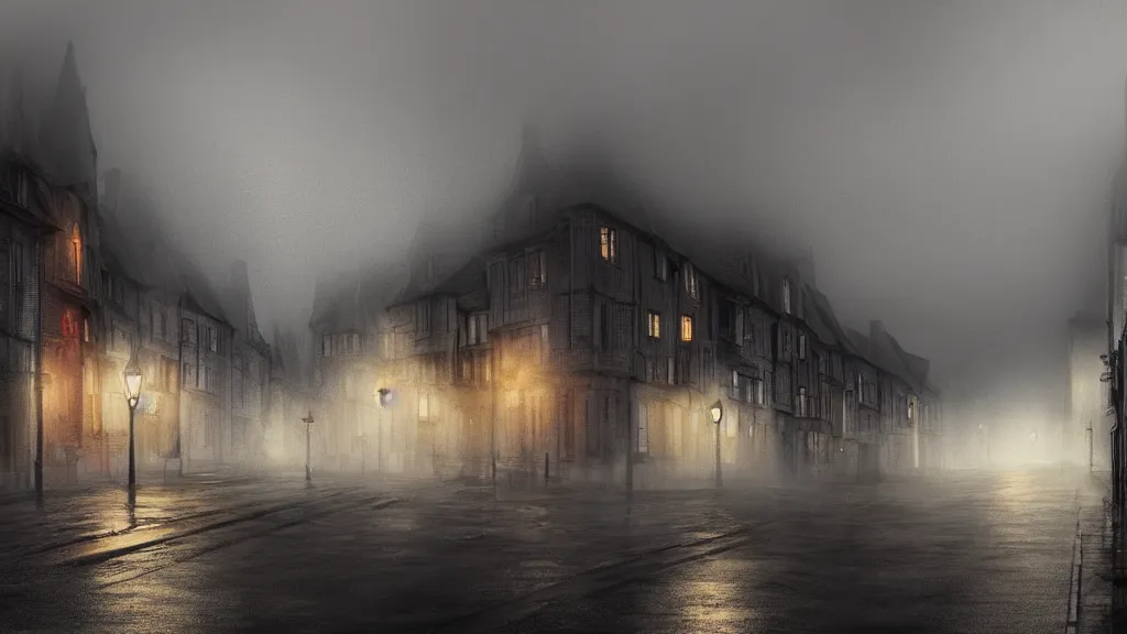 Prompt: the old town with houses in the windows of which the light is on. early morning, fog on ground, wet street. mike barr painting. volumetric light, dull colors, dark, noir arthouse, 3 5 mm, hight detalied, hd, 4 k