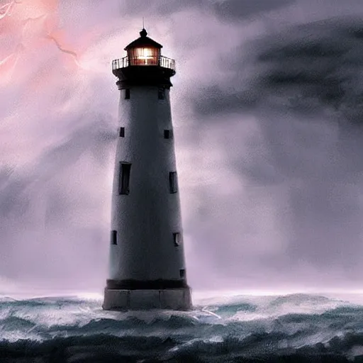 Image similar to beautiful digital painting about a scary light house glowing in the dark of a stormy night, trending on artstation, gloomy, moody, highly detailed