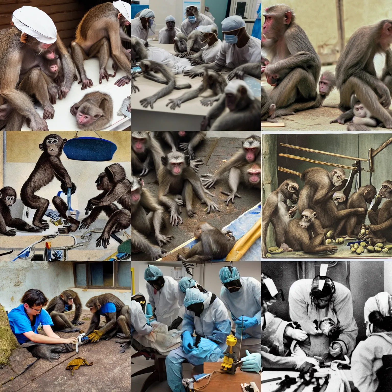 Prompt: A group of monkeys performing surgery