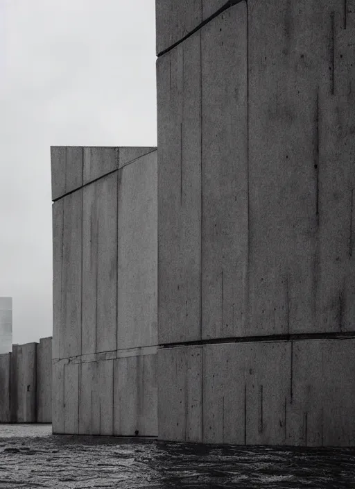 Image similar to brutalist architechture in the middle odf a dramatic stormy sea, Japanese minimalism, shadowplay, a person, grey tones, vegetation creeping in, surreal, depth of field, 3D model, ultra sharp, height perspective, 8k, futuristic, textured