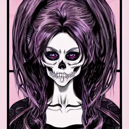 Prompt: anime manga skull portrait young woman hair fairytale comic skeleton illustration style by Trevor brown warhol pop art nouveau