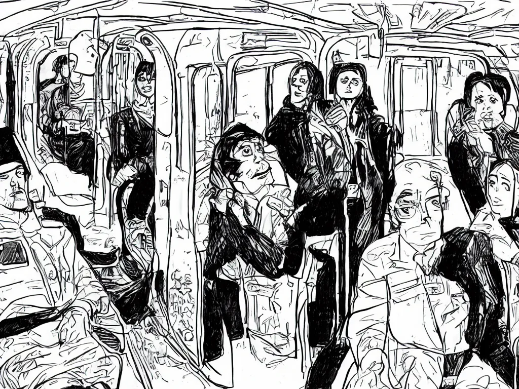 Image similar to a single comic panel by Daniel Clowes, 3/4 low angle view wide shot of two people sitting in an empty Chicago subway train, in front of windows: a sad Aubrey Plaza in a parka and a friendly Mads Mikkelsen in a suit