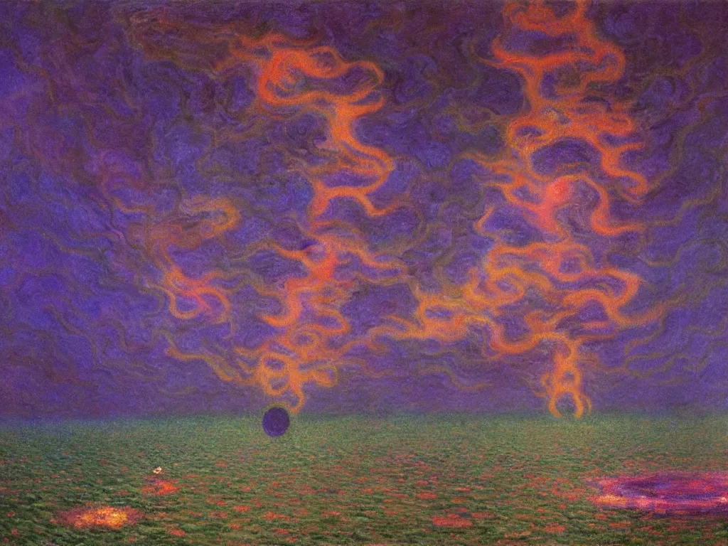 Image similar to study of the psychedelics dream bot mothership thunderstorm. painting by monet, wayne barlowe, agnes pelton, rene magritte, moebius