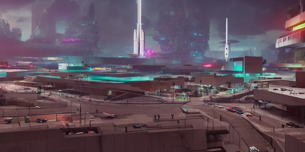 Image similar to a futuristic traditional mexican colony, blade runner 2 0 4 9 city architecture, cyberpunk mexican futuristic colonial architecture, spacex starship rocket launch site, environmental lighting, stormy weather, ray tracing, people walking on street, amazing view, highly detailed, heavy traffic, neon shops, octane render, unreal engine 5, 4 k