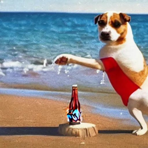 Image similar to a dog ballerina is drinking coca - cola on the beach