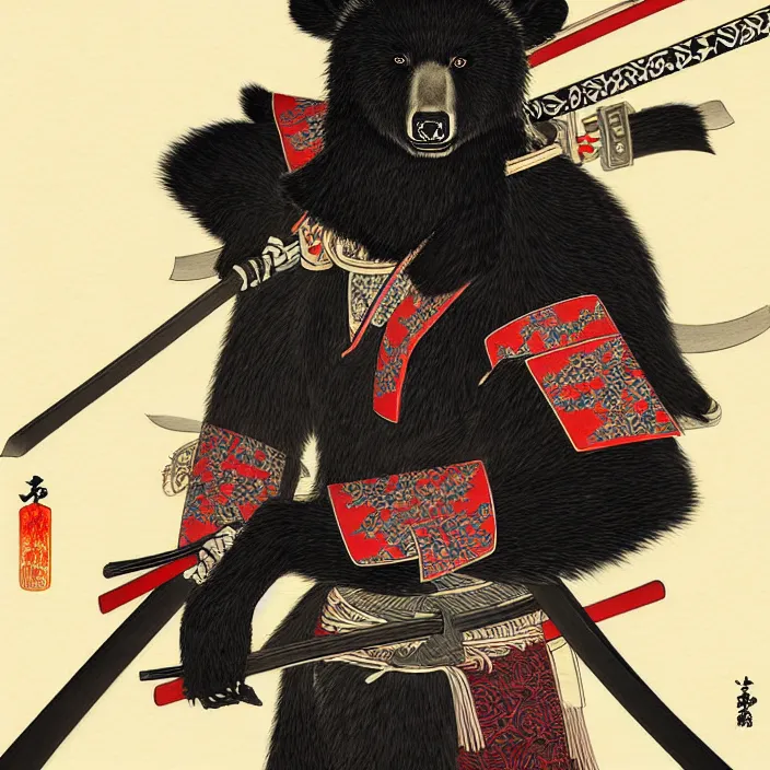 Image similar to anthropomorphic samurai asian black bear, fantasy, intricate, highly detailed, lifelike, photorealistic, digital painting, artstation, illustration, concept art, smooth, sharp focus, art by kitagawa utamaro and ogata korin and aya takano