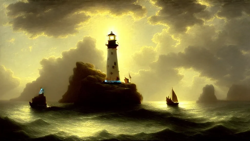 Image similar to lighthouse in the cave, sail boat, andreas achenbach, artgerm, mikko lagerstedt, zack snyder, tokujin yoshioka