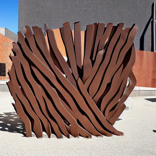 Image similar to a photorealistic abstract design of an sculpture built on corten steel in style of eduardo chillida, jorge oteiza, agustin ibarrola