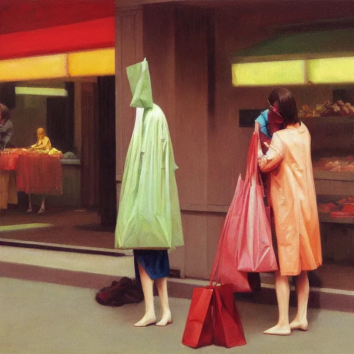 Image similar to colorful women kissing with a paper bag over the head, dressed in plastic bags, inside shopping center, highly detailed, artstation, art by , edward hopper, zdislav beksinski, wayne barlowe