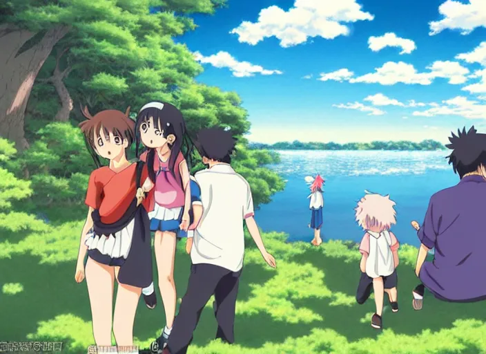 Prompt: An anime family enjoying the scenery of a lake/city, studio ghibli trending on pixiv
