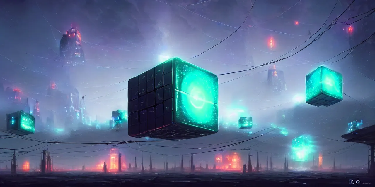 Prompt: a fleet of giant glowing futuristic cubes tied to each other with lots of wires in the sky, a fantasy magical landscape seen in the distance, atmospheric lighting, intricate, volumetric lighting, beautiful, sharp focus, ultra detailed, in the art style of marc simonetti, bowater charlie and brom gerald, astrophotography